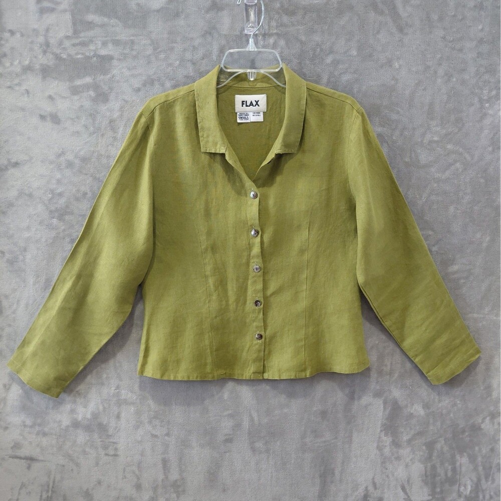 FLAX 100% Linen Long Sleeve Button Up Shirt Women's Small Green Minimalist